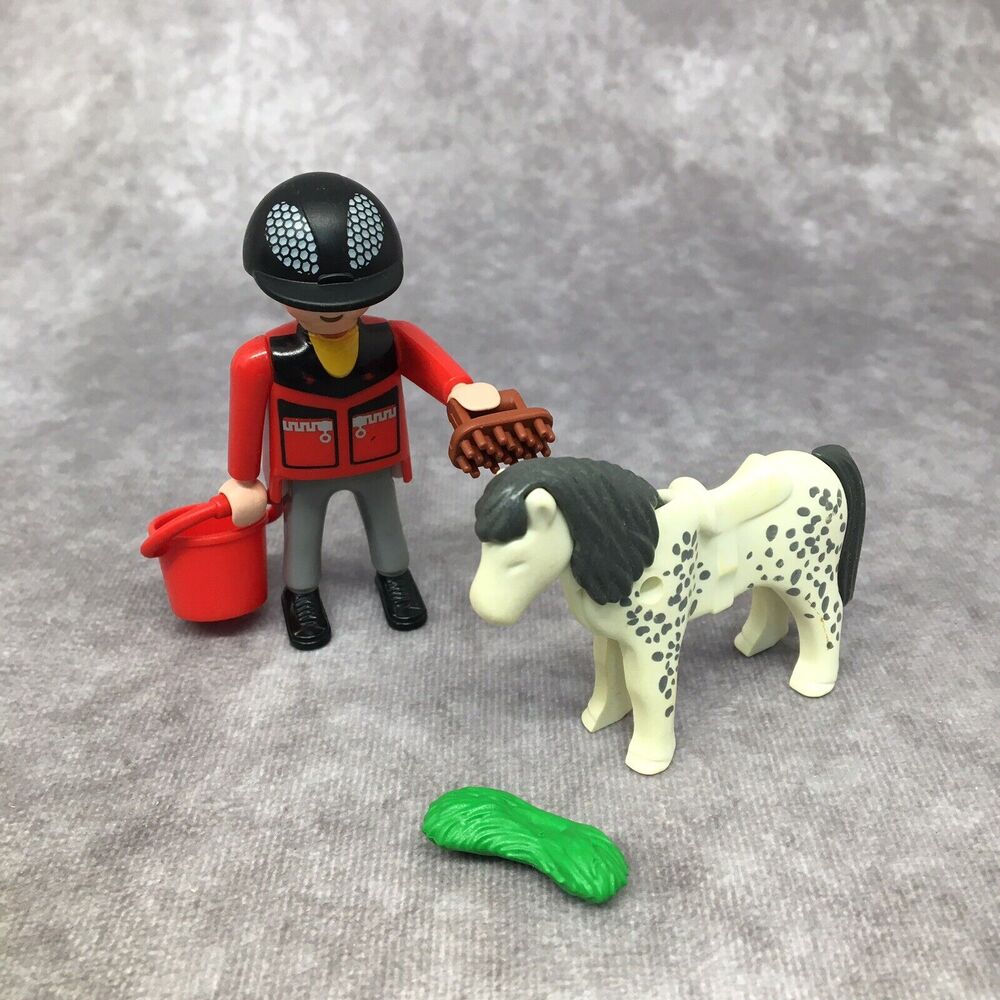 Playmobil Pony Groomer - Figure, Grass, Bucket, Brush, Pony- Read Description